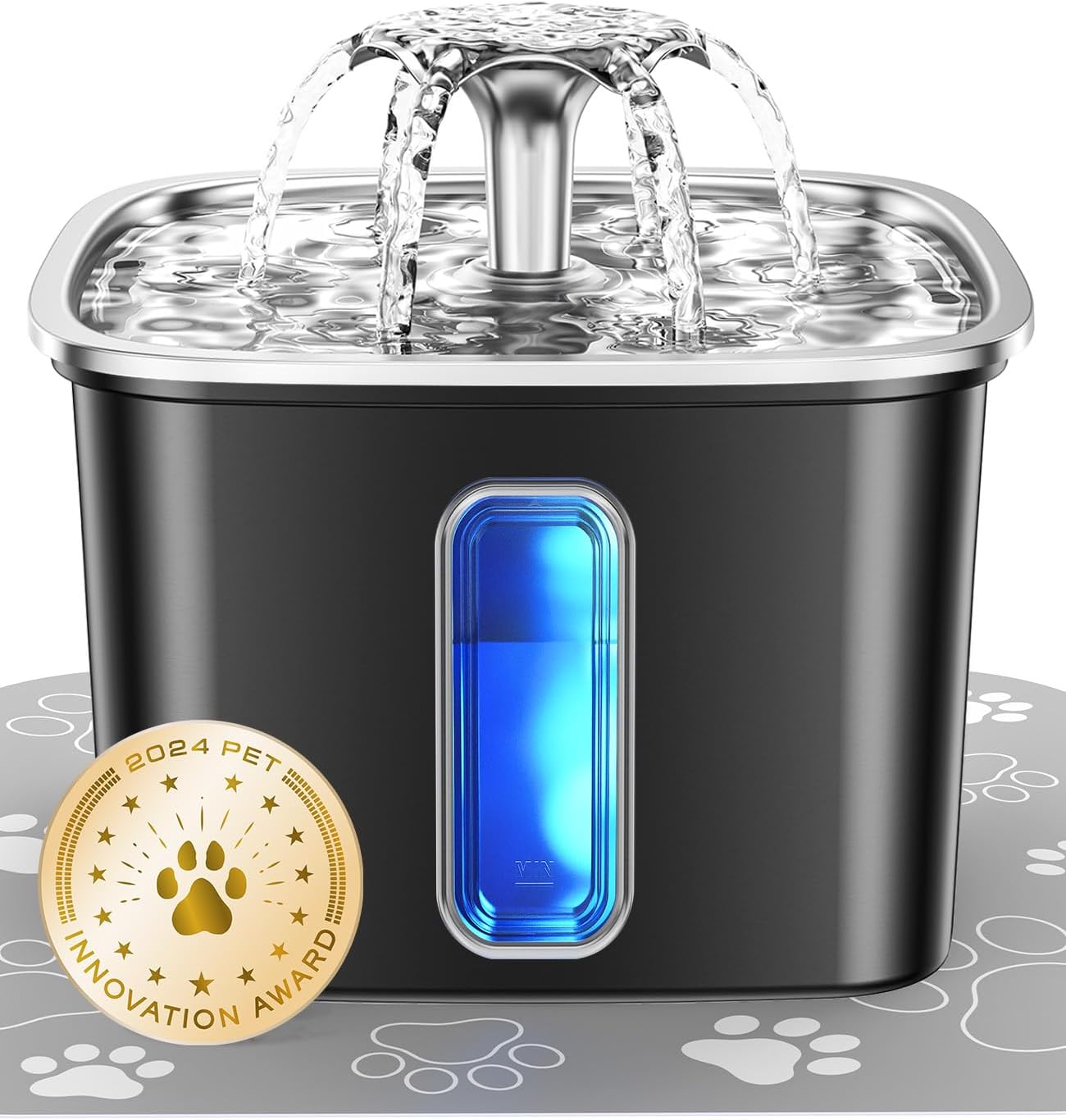 Veken Stainless Steel Cat Water Fountain: 108oz/3.2L Automatic Pet Fountain with Filters & Silicone Mat (Space Black)