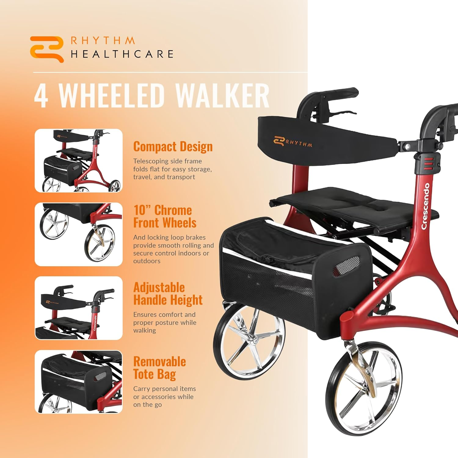 Rhythm Healthcare Crescendo Rollator: Adjustable 4-Wheel Walker (Red)
