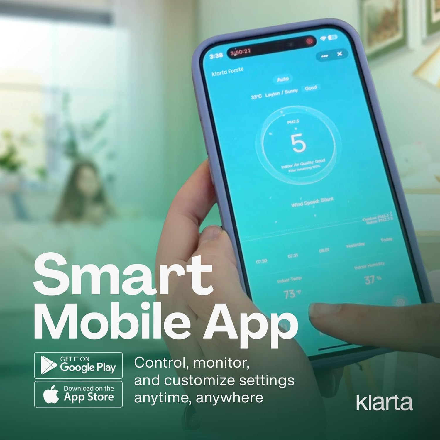 Klarta Forste Air Purifier: Smart WiFi Control & 1237 ft² HEPA Filtration (White)