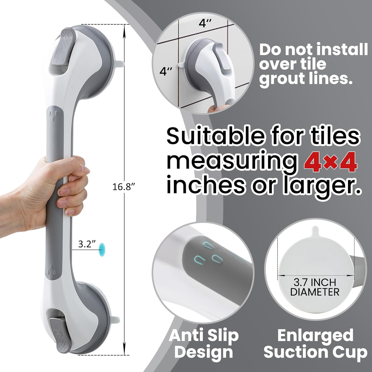 TAILI Suction Grab Bars: 2-Pack Heavy Duty Shower Handles (Grey)