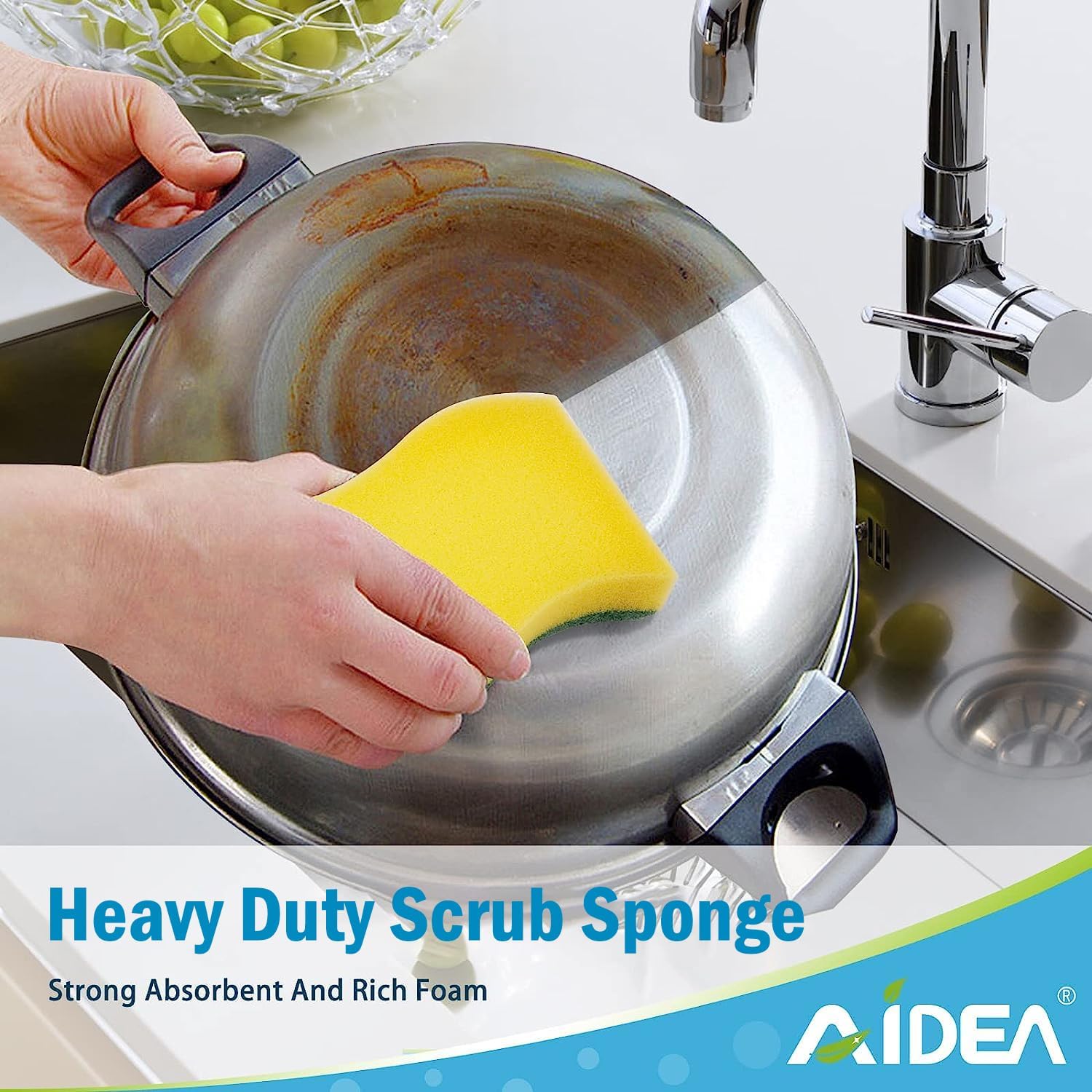 AIDEA Heavy Duty Kitchen Scrub Sponges (50-Pack): Odor-Free Dual-Sided S-Shape Dish Scrubber Bundle