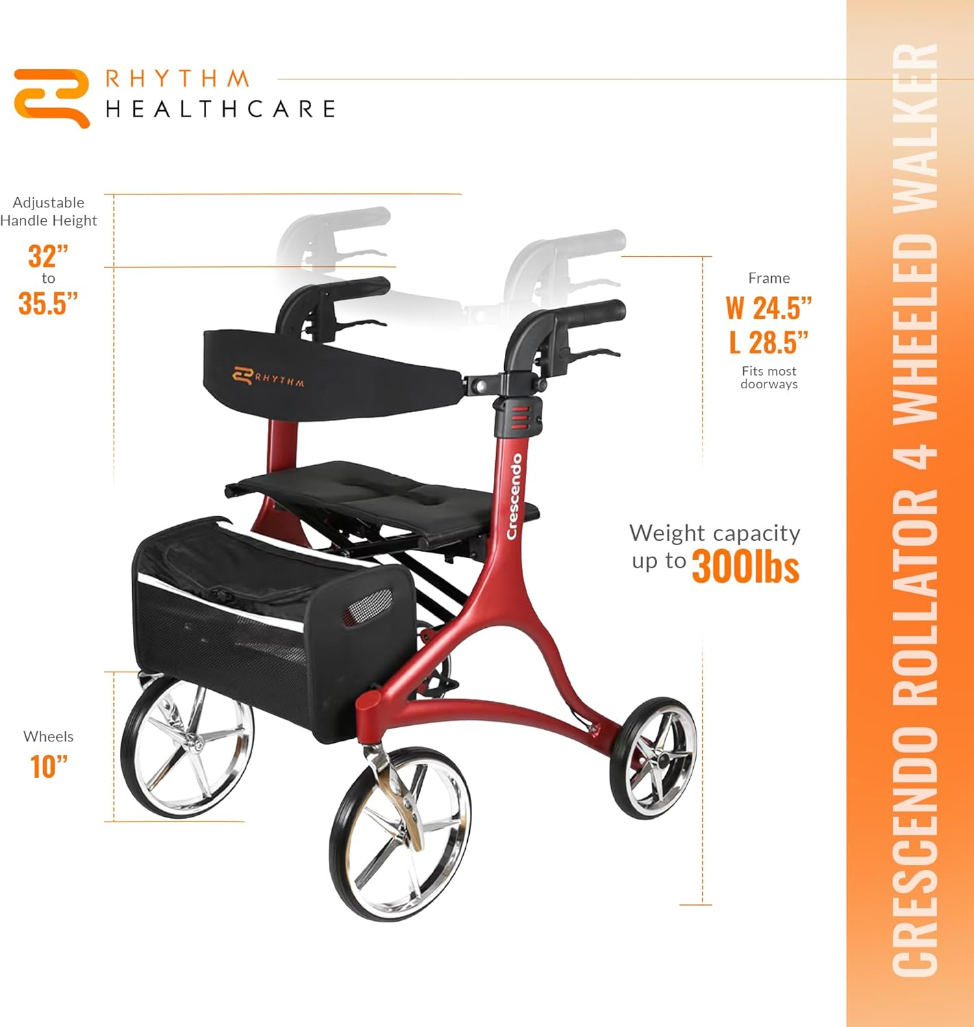 Rhythm Healthcare Crescendo Rollator: Adjustable 4-Wheel Walker (Red)