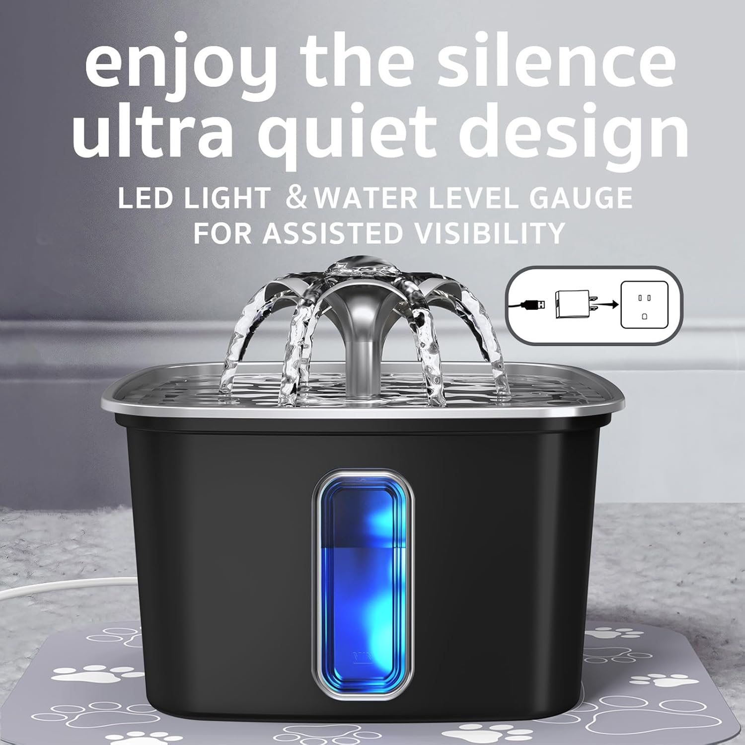 Veken Stainless Steel Cat Water Fountain: 108oz/3.2L Automatic Pet Fountain with Filters & Silicone Mat (Space Black)