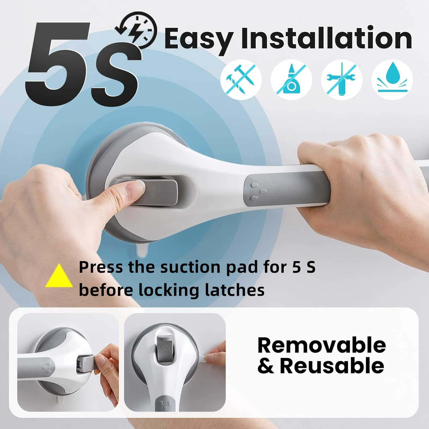 TAILI Suction Grab Bars: 2-Pack Heavy Duty Shower Handles (Grey)