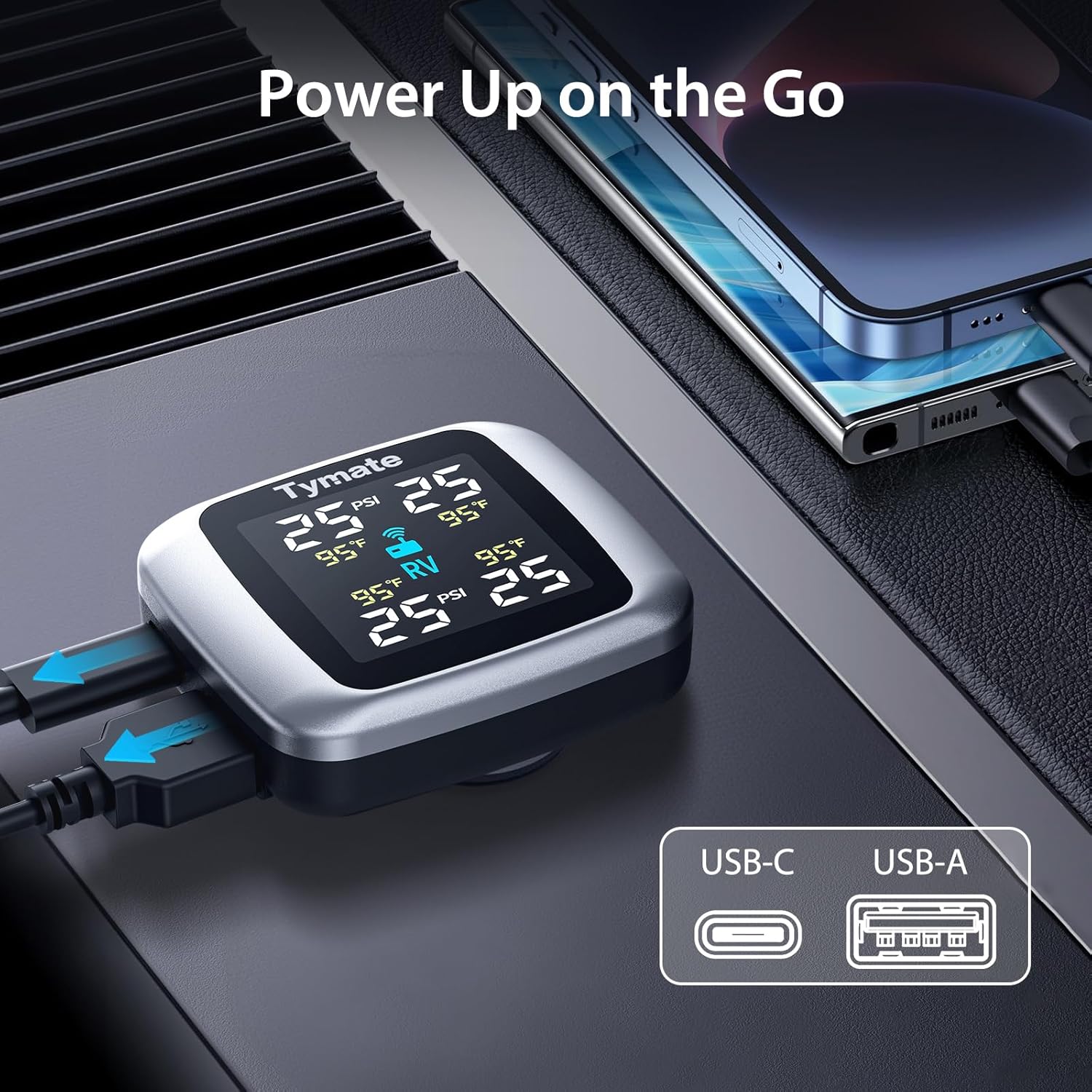 Tymate TM7 Tire Pressure Monitoring System: Wireless TPMS with 4 External Sensors (0-144 PSI)
