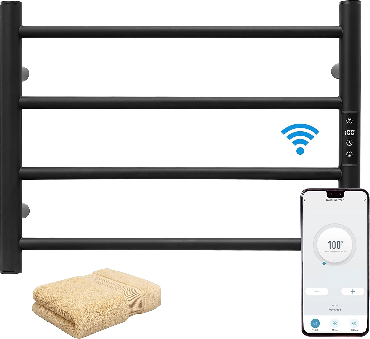 KEG Smart WiFi Electric Towel Warmer: Wall-Mounted Stainless Steel Rack (Matte Black)