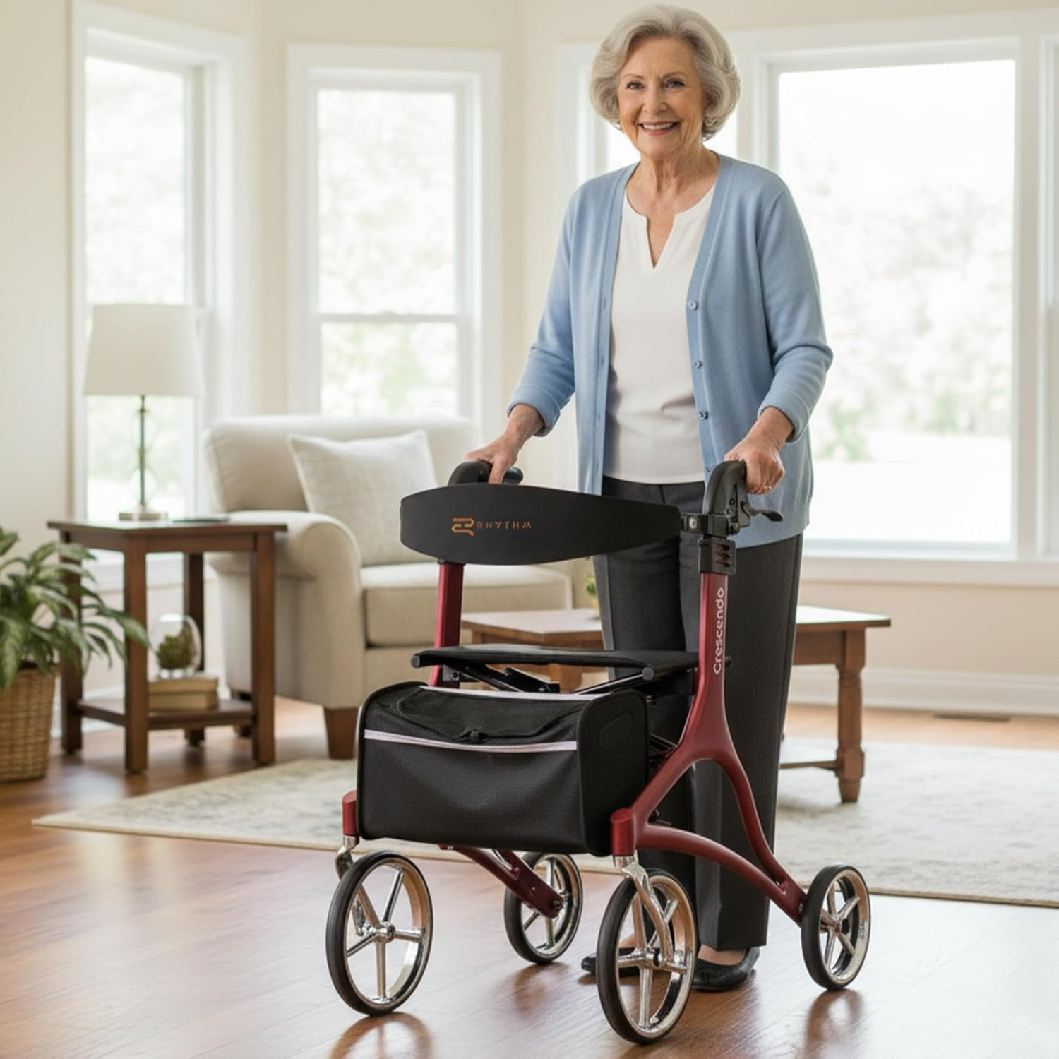 Rhythm Healthcare Crescendo Rollator: Adjustable 4-Wheel Walker (Red)