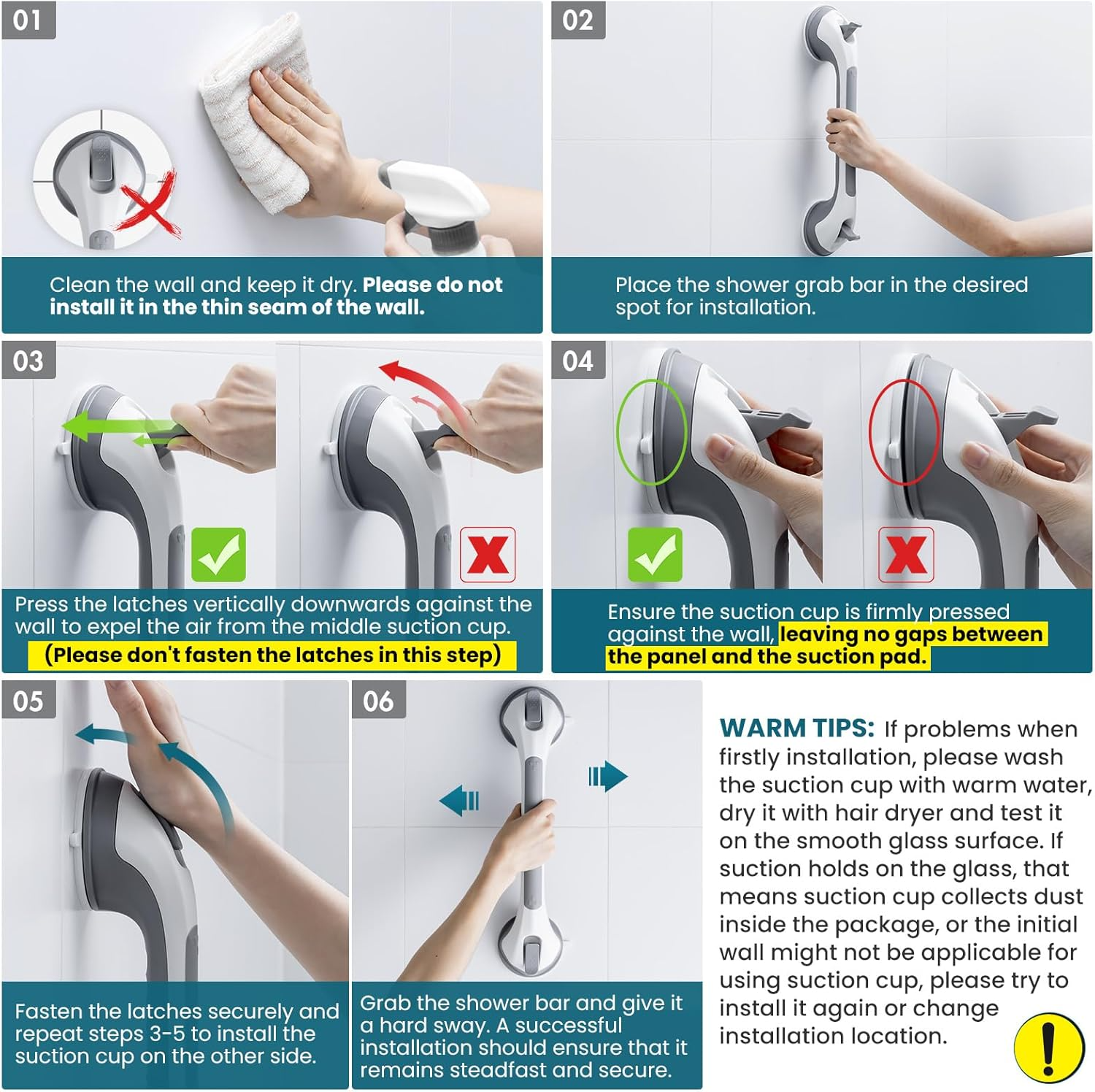 TAILI Suction Grab Bars: 2-Pack Heavy Duty Shower Handles (Grey)