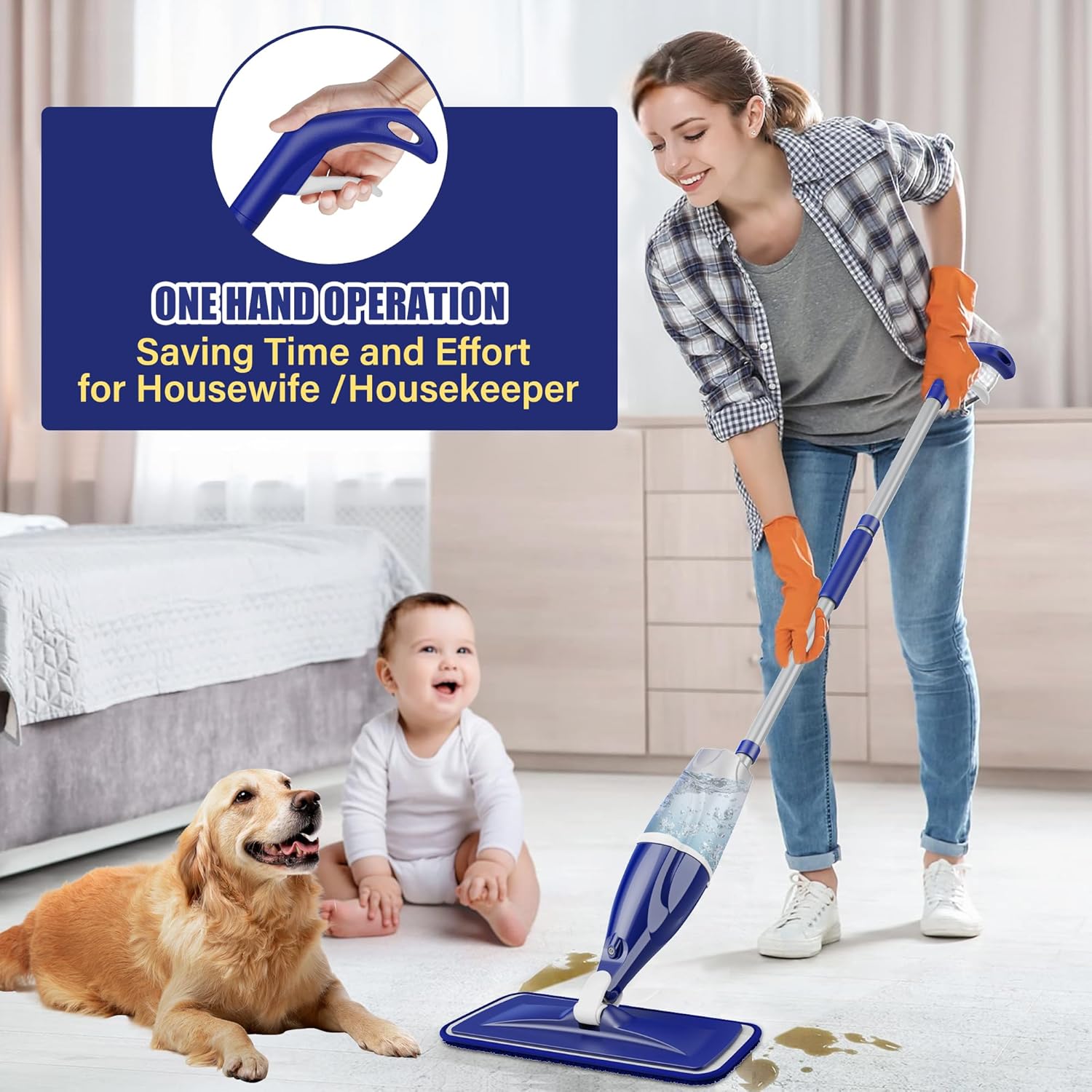 EXEGO Microfiber Spray Mop for Floor Cleaning: Wet/Dry Mop with 3 Reusable Pads (Dark Blue)