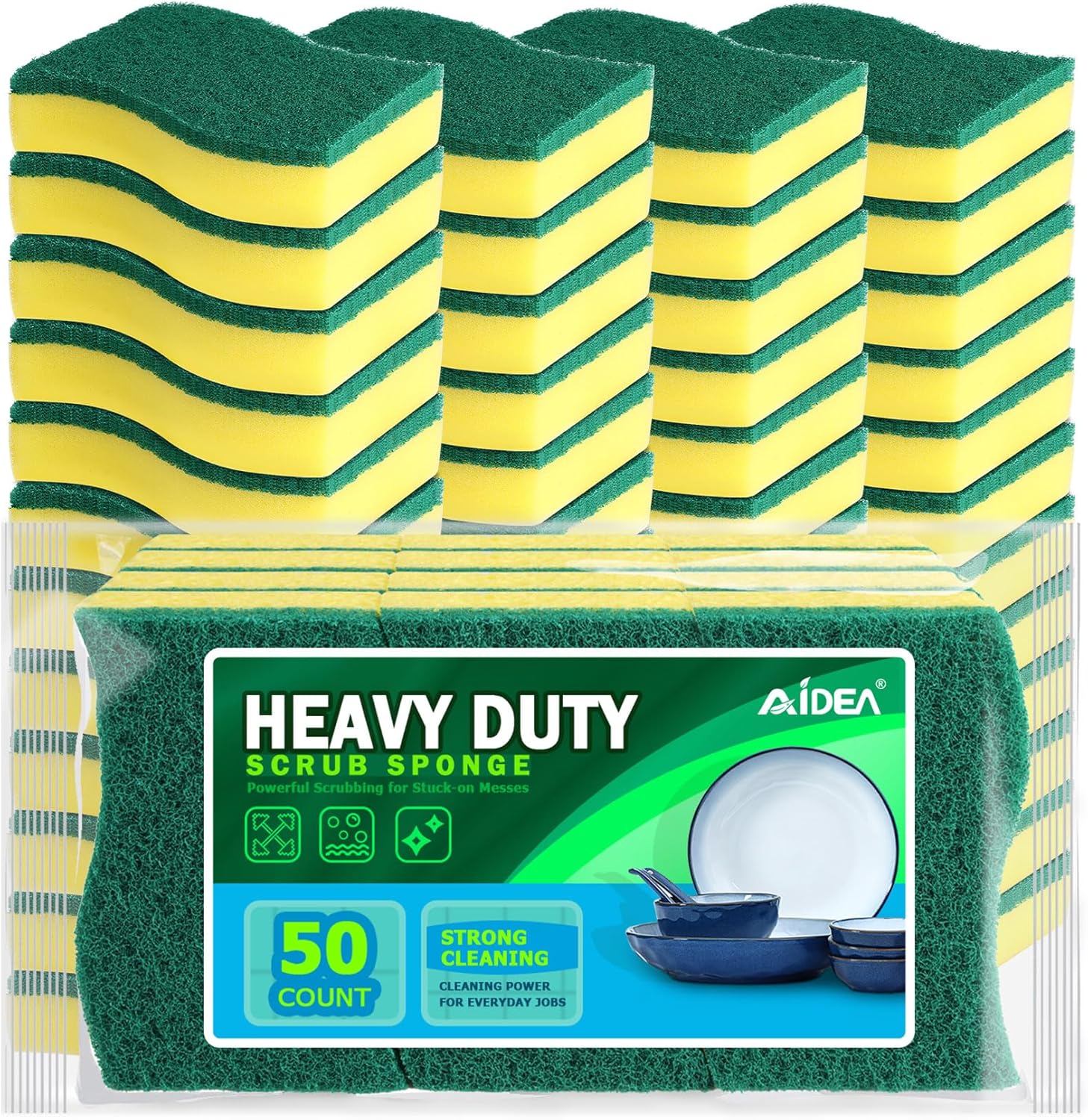 AIDEA Heavy Duty Kitchen Scrub Sponges (50-Pack): Odor-Free Dual-Sided S-Shape Dish Scrubber Bundle
