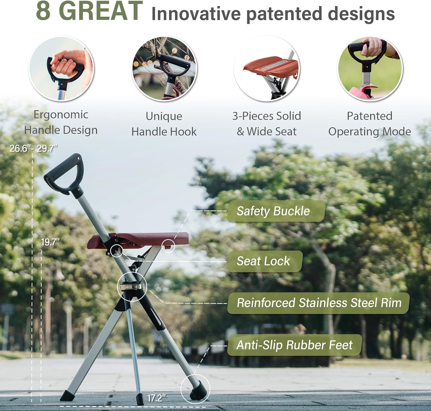 STEP2GOLD Ta-Da Chair Series 2: 2-in-1 Lightweight Hiking Stick & Folding Chair (Red - M Size)