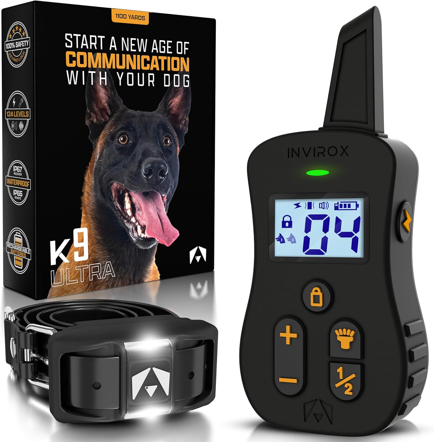 INVIROX Ultra K9 Dog Training Collar: 124 Levels & 3/4 Mile Range (Black)