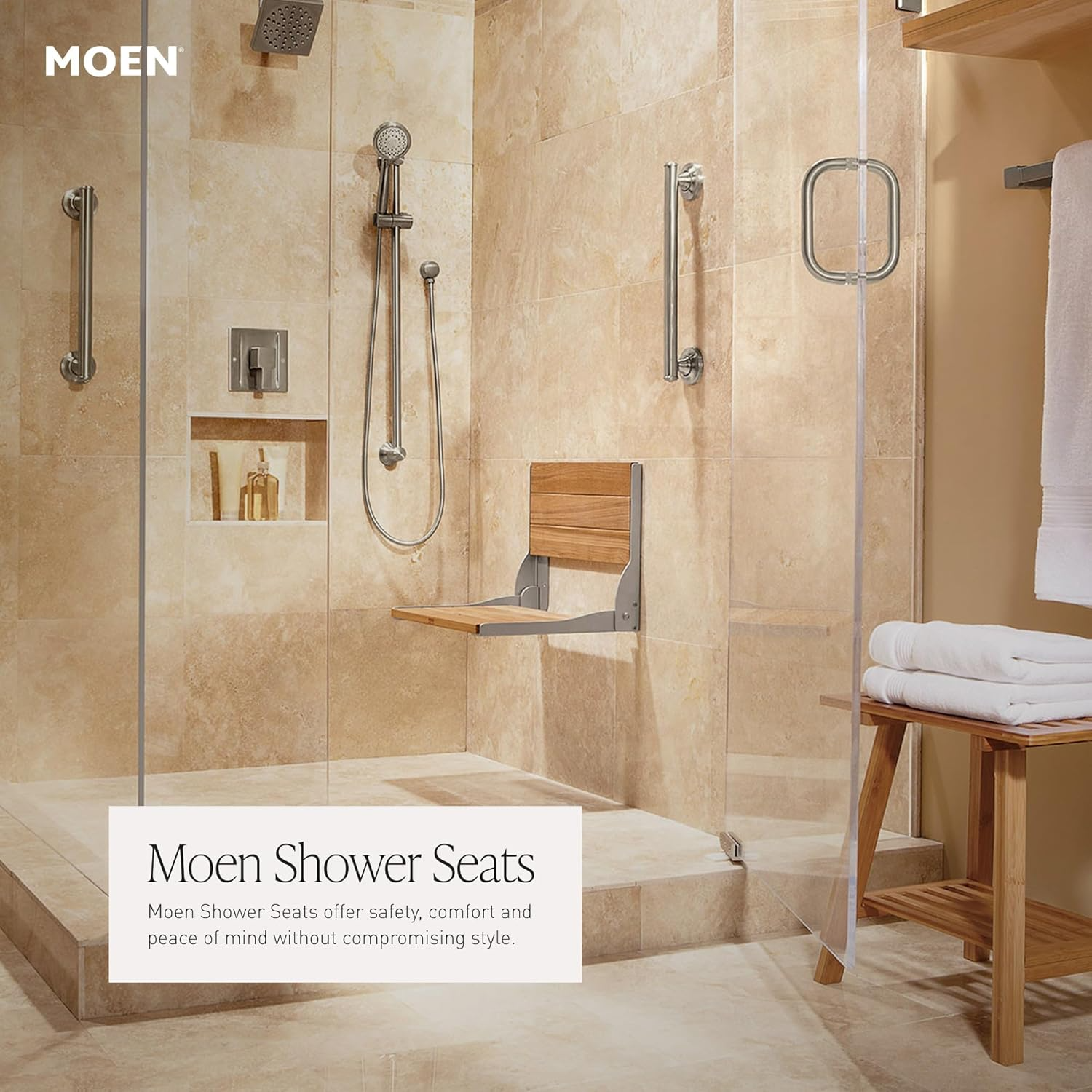 Moen Home Care Teak Shower Bench: Wall-Mount Foldable Seat (400lb)