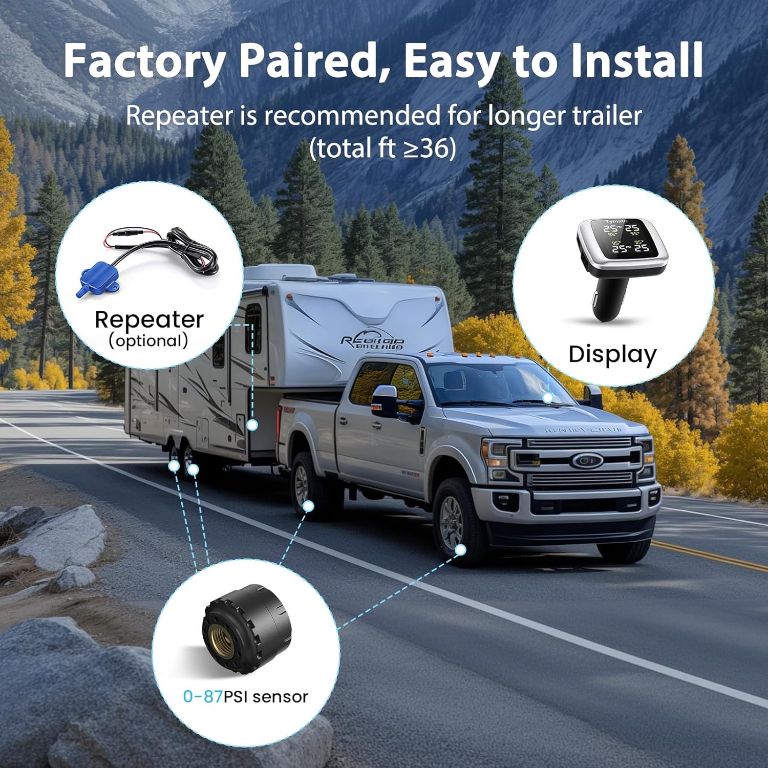 Tymate TM7 Tire Pressure Monitoring System: Wireless TPMS with 4 External Sensors (0-144 PSI)