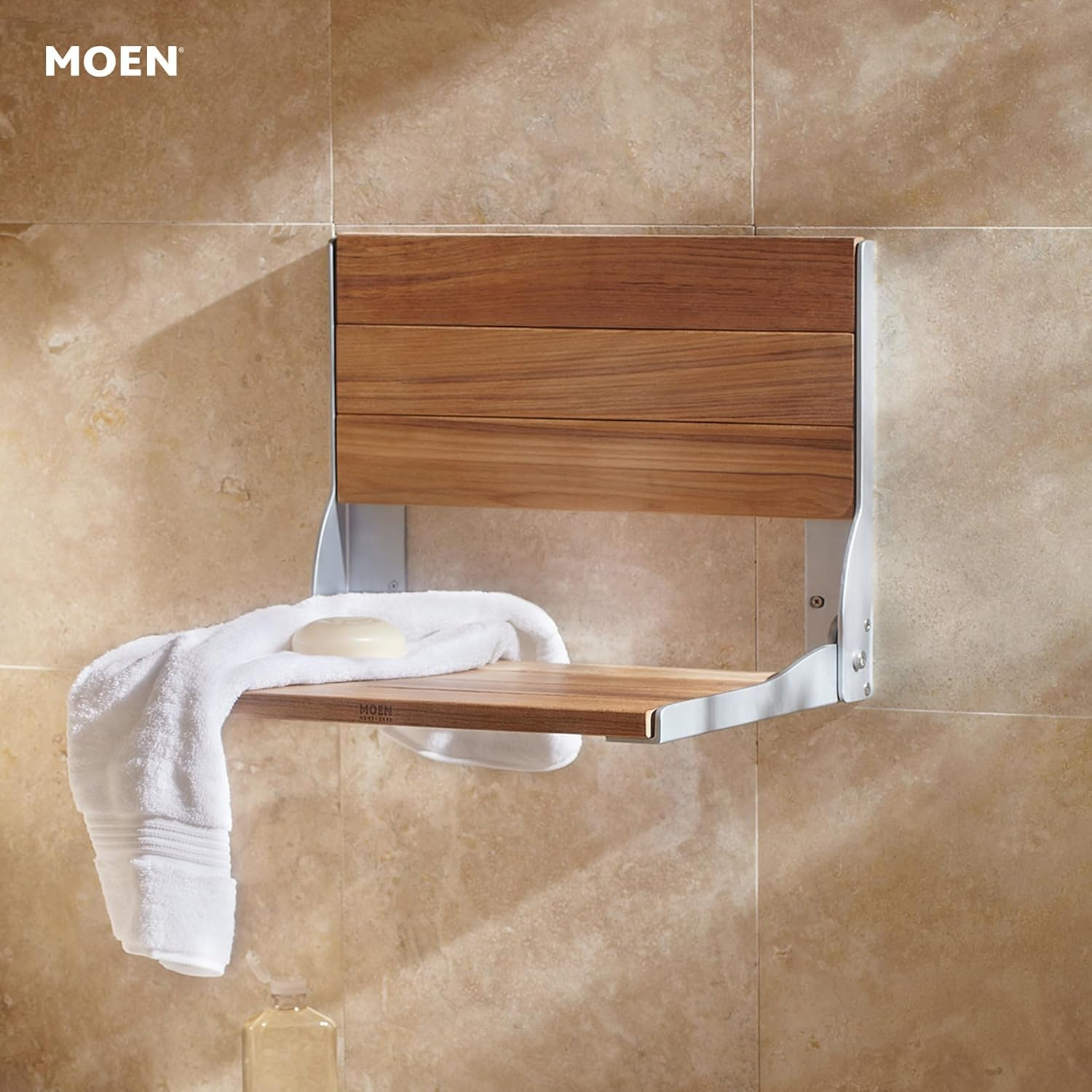 Moen Home Care Teak Shower Bench: Wall-Mount Foldable Seat (400lb)
