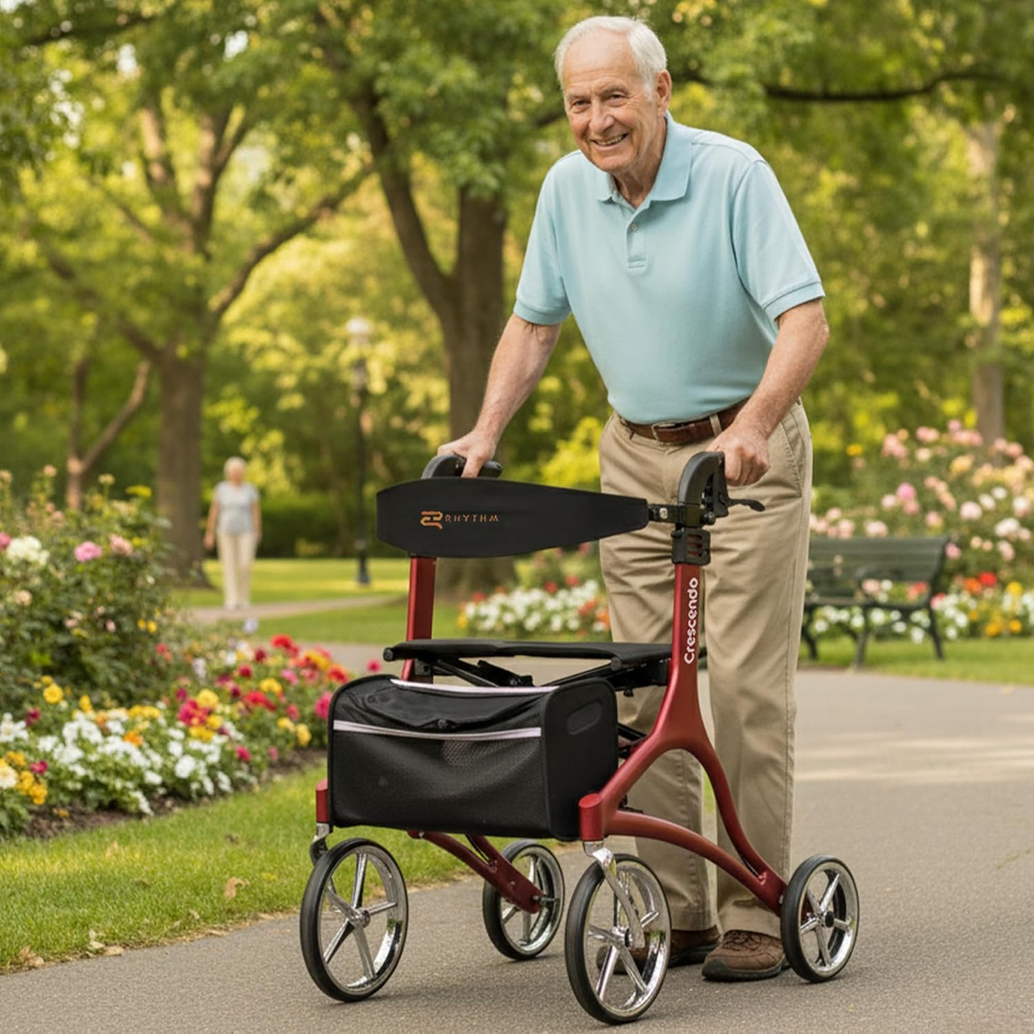 Rhythm Healthcare Crescendo Rollator: Adjustable 4-Wheel Walker (Red)