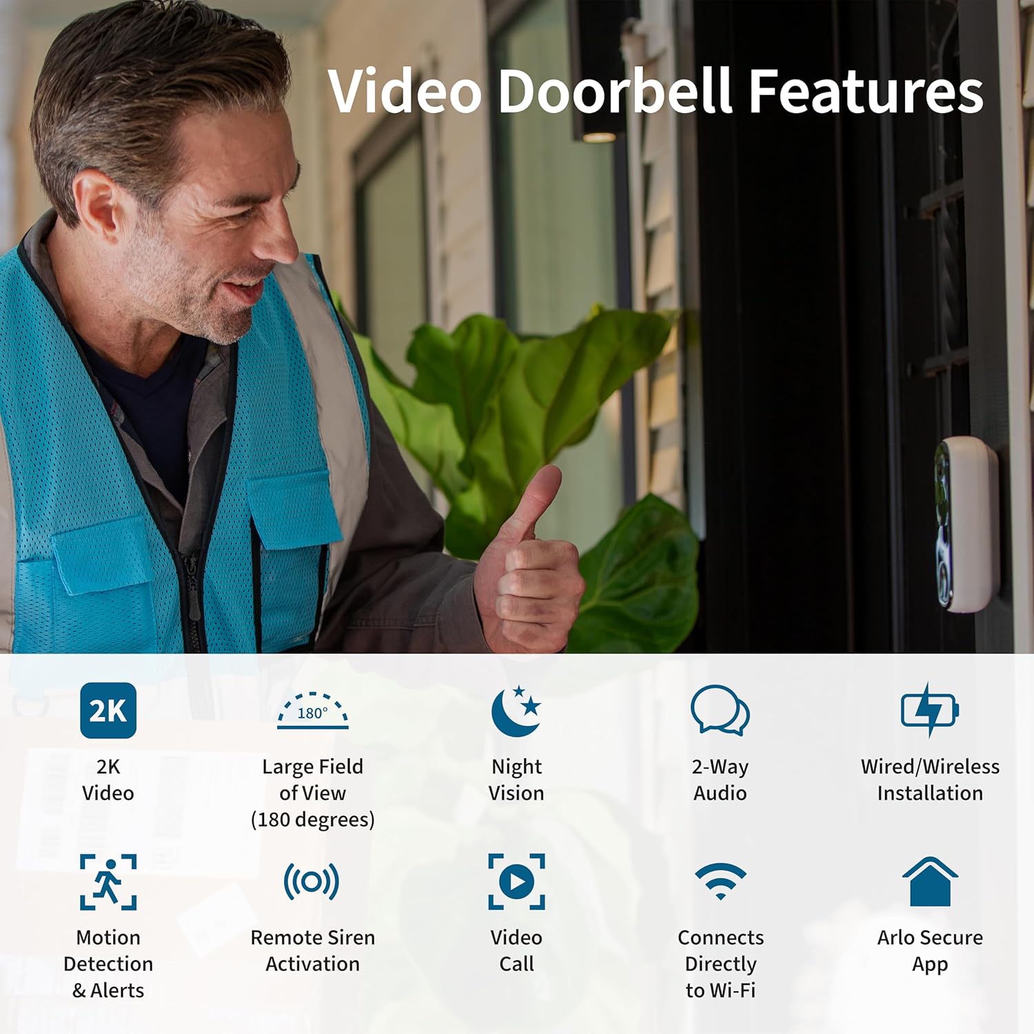 Arlo Video Doorbell 2K (2nd Gen): Latest Release Wireless/Wired Smart Doorbell with Head-to-Toe View