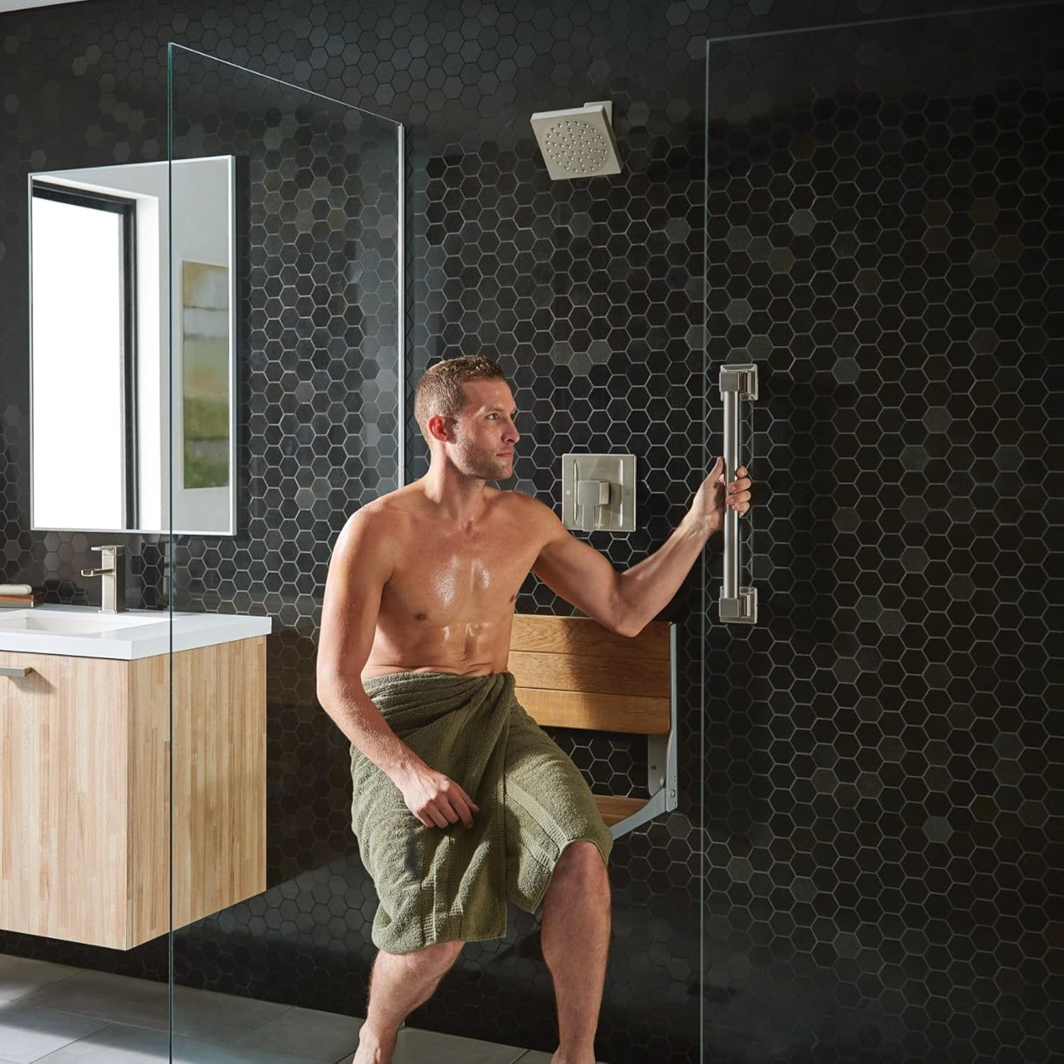 Moen Home Care Teak Shower Bench: Wall-Mount Foldable Seat (400lb)