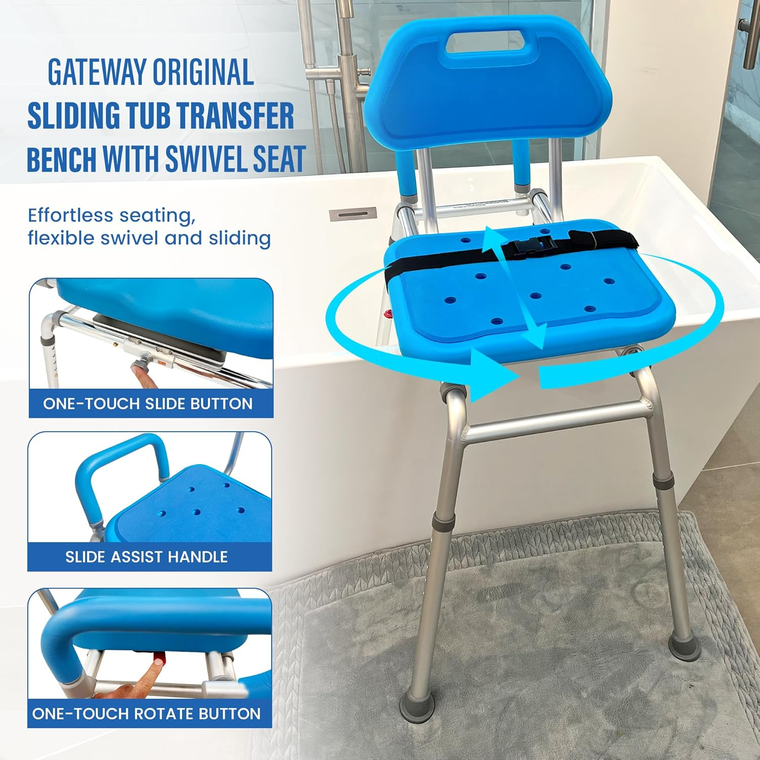 Gateway Premium Sliding Transfer Bench: Swivel Padded Shower Chair (Blue)