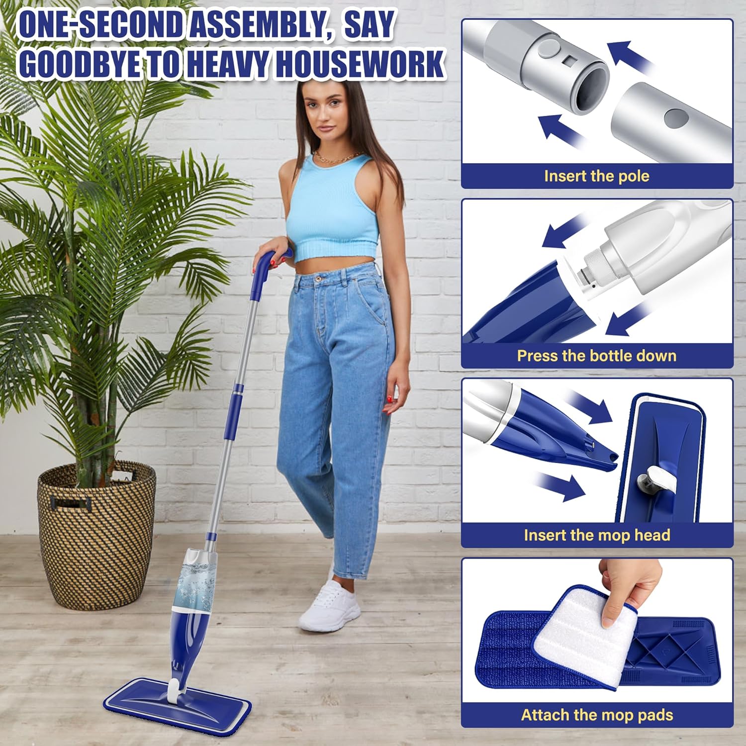 EXEGO Microfiber Spray Mop for Floor Cleaning: Wet/Dry Mop with 3 Reusable Pads (Dark Blue)