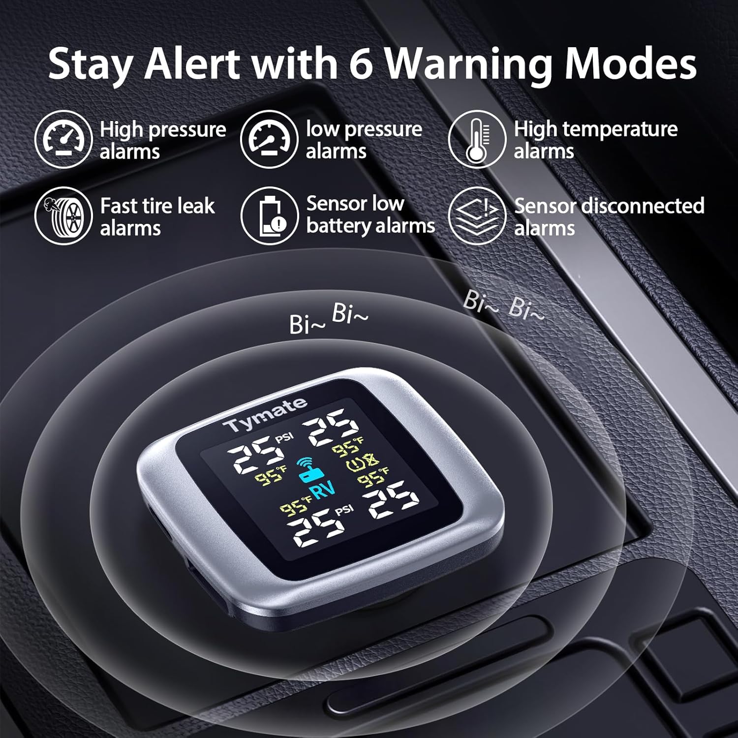 Tymate TM7 Tire Pressure Monitoring System: Wireless TPMS with 4 External Sensors (0-144 PSI)