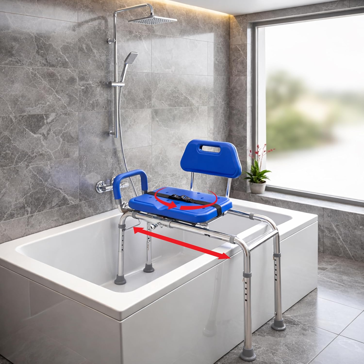 Gateway Premium Sliding Transfer Bench: Swivel Padded Shower Chair (Blue)