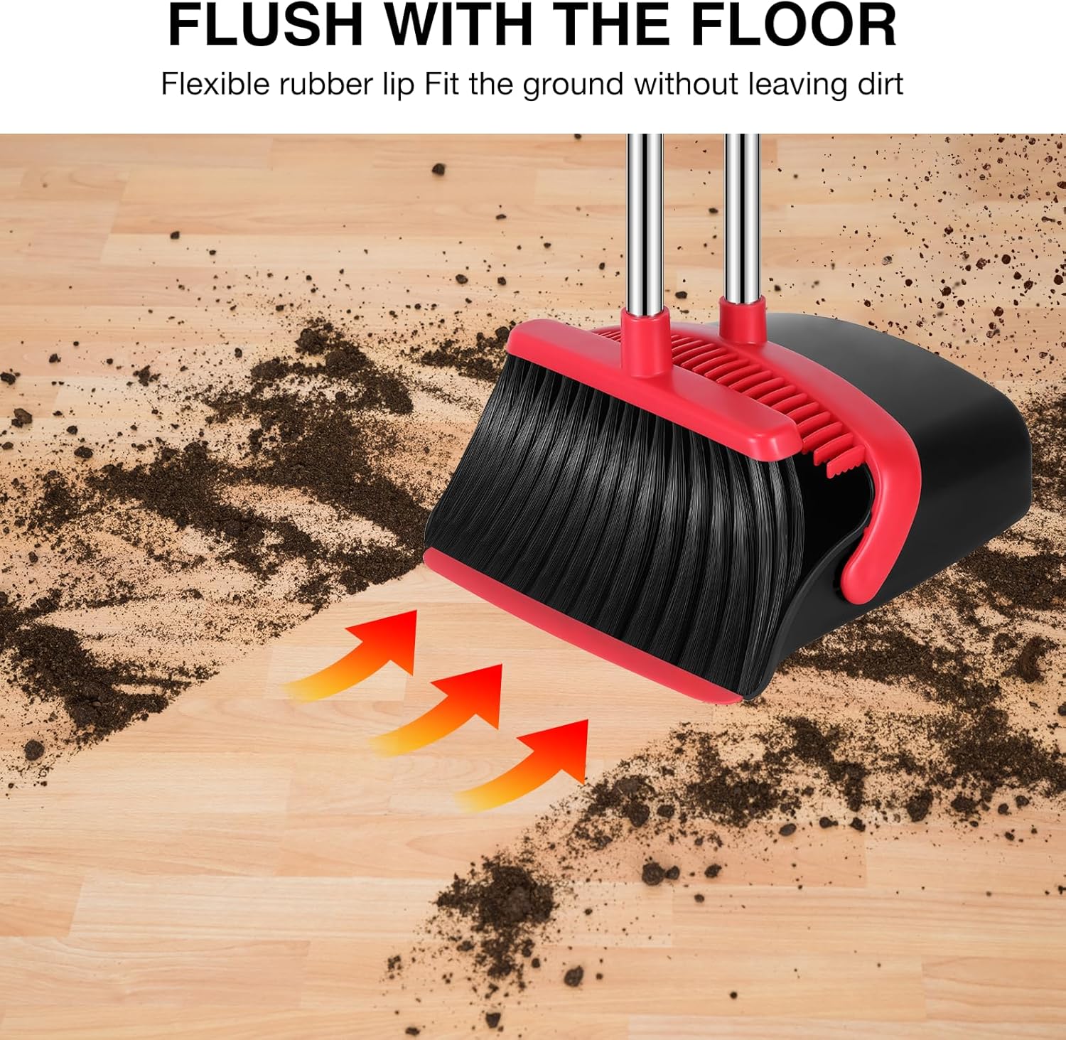 Red and black broom cleaning a wooden floor with dirt