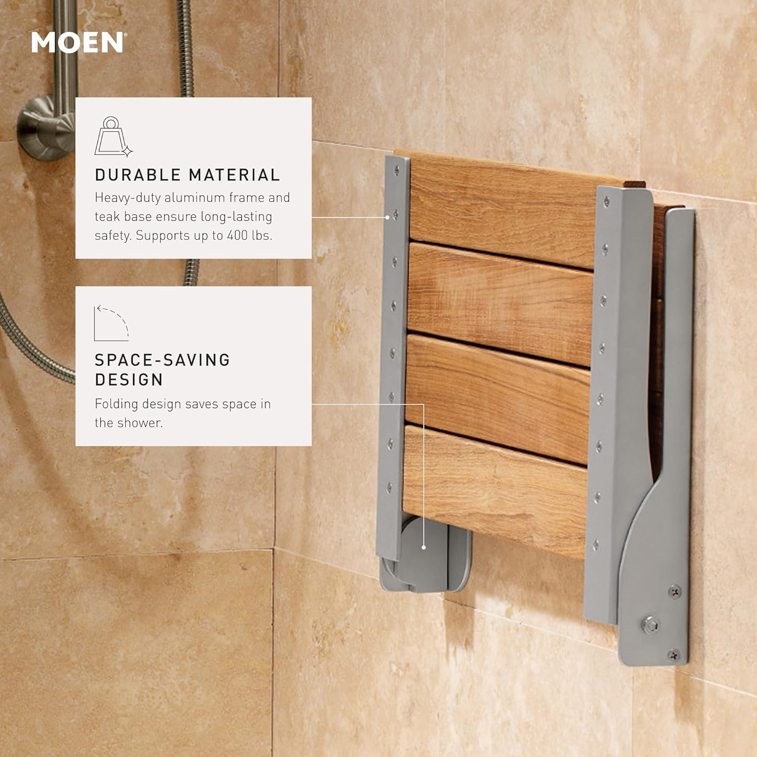 Moen Home Care Teak Shower Bench: Wall-Mount Foldable Seat (400lb)