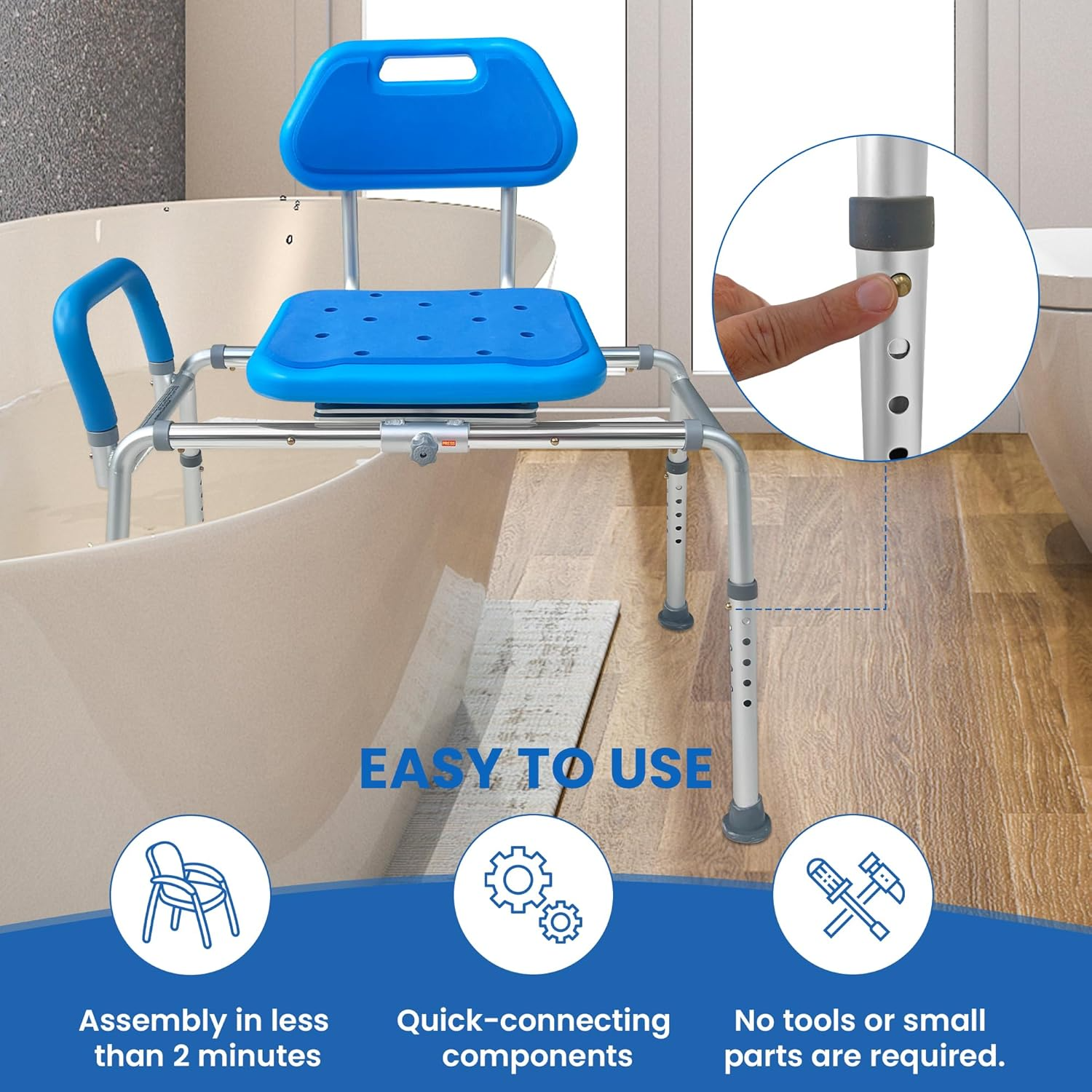 Gateway Premium Sliding Transfer Bench: Swivel Padded Shower Chair (Blue)