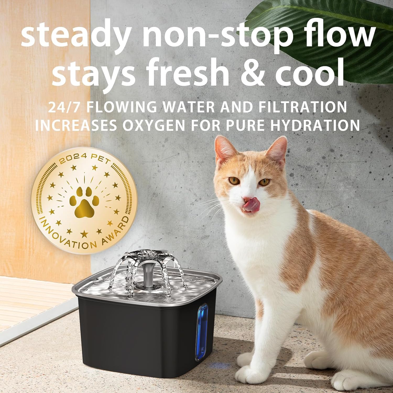 Veken Stainless Steel Cat Water Fountain: 108oz/3.2L Automatic Pet Fountain with Filters & Silicone Mat (Space Black)