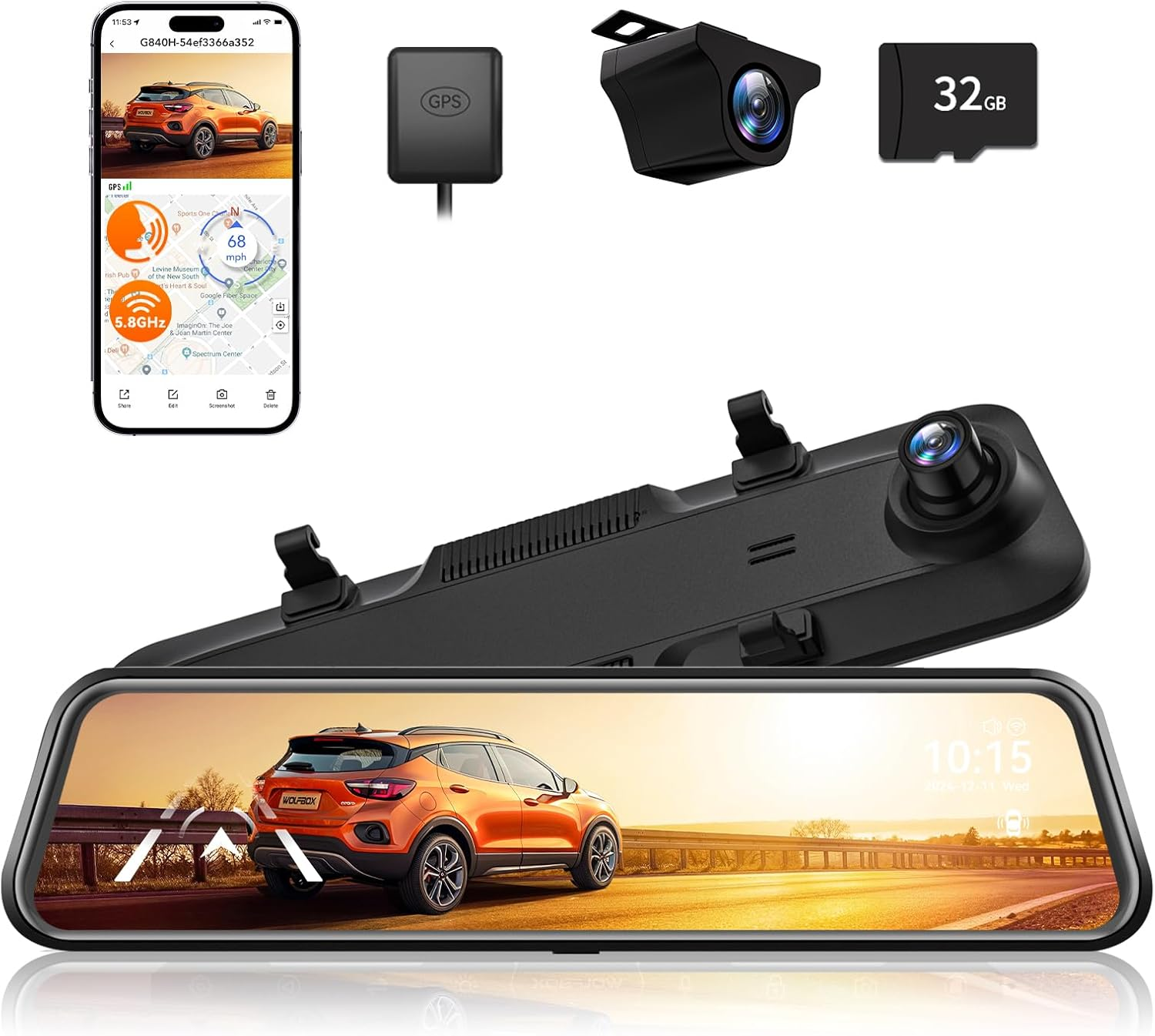 WOLFBOX G840S 12" 4K Mirror Dash Cam: 5.8GHz WiFi & GPS Rearview Camera Kit