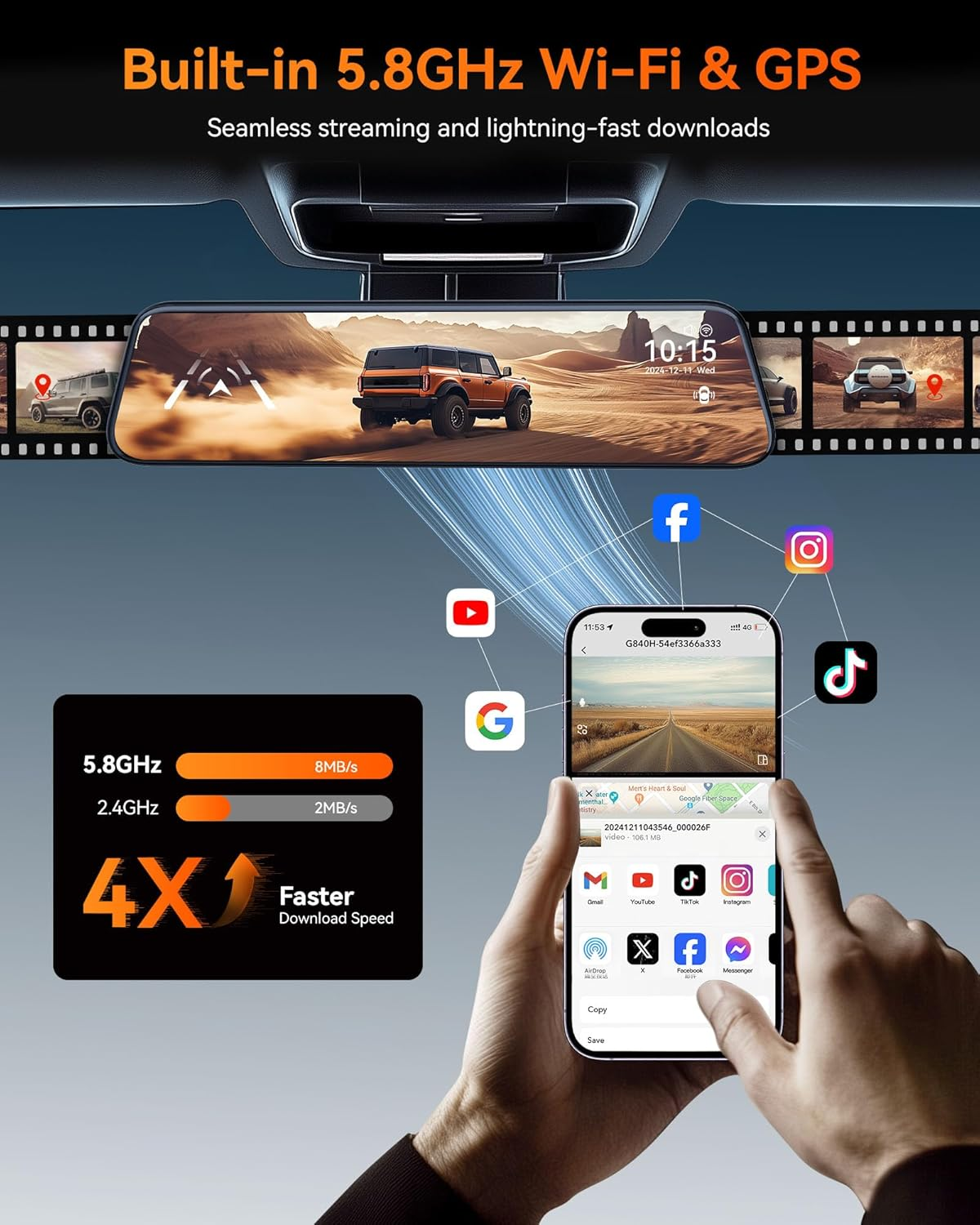WOLFBOX G840S 12" 4K Mirror Dash Cam: 5.8GHz WiFi & GPS Rearview Camera Kit