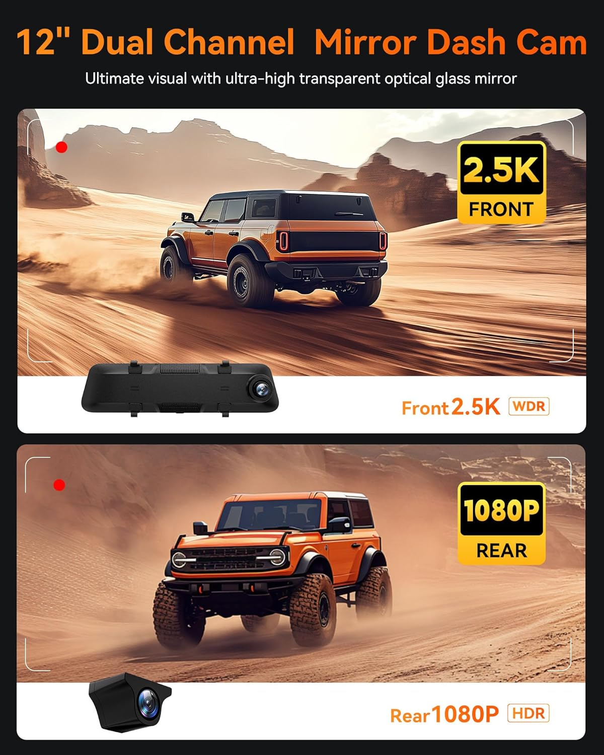 WOLFBOX G840S 12" 4K Mirror Dash Cam: 5.8GHz WiFi & GPS Rearview Camera Kit